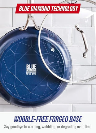 Blue Diamond 12" Nonstick Frying Pan with Lid, Diamond Infused PFAS & PTFE-Free Ceramic Skillet, Dishwasher & Oven Safe, Stay Cool Handle, Durable Non Toxic Metal Utensil Safe, Glass Lid, Blue
