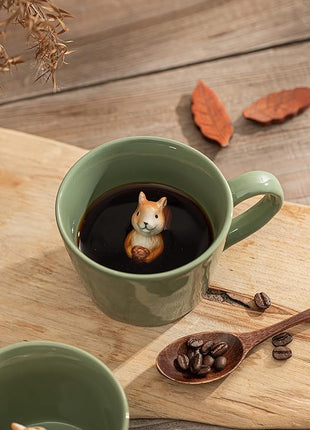 DIHOclub Squirrel Ceramic Cup Hidden 3D Animal Inside Mug,Cute Cartoon Handmade Figurine Mugs,Holiday and Birthday Gift for Coffee Milk Tea Lovers,12 OZ(Light Green)