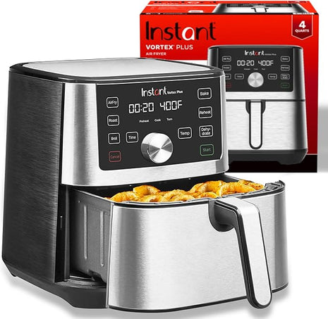 Instant Pot 4QT Vortex Plus 6-in-1 Mini Air Fryer, Custom Program Options, Crisps, Broils, Roasts, Dehydrates, Bakes, Reheats, 100+ In-App Recipes, Stainless Steel,4 Quarts