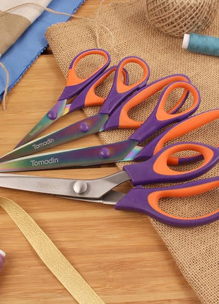 BambooMN Titanium Softgrip Scissors Set - Pinking, Sewing, Arts, Crafts, Office - 30 Sets of 4 - Purple w/Orange
