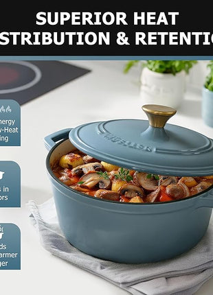 MUELLER HOME 6 Quart Enameled Cast Iron Pot Dutch Oven, Heavy-Duty, Oven-Safe up to 500° F & Across All Cooktops, Bread Pan with Lid & Knob, Cast Iron Cookware, Blue Kitchen Accessories, Mineral Blue