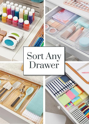 STORi SimpleSort 3-Piece Stackable Clear Drawer Organizer Set | 12" x 6" x 2" Rectangle Trays | Wide Makeup Vanity Storage Bins and Office Desk Drawer Dividers | Made in USA