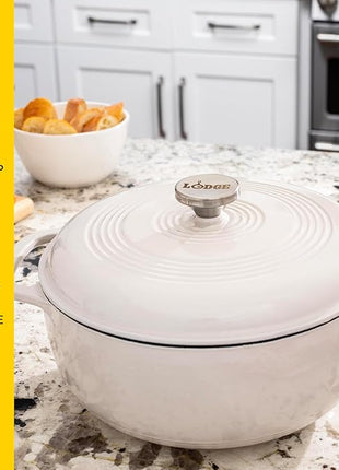 Lodge 6 Quart Enameled Cast Iron Dutch Oven with Lid – Dual Handles, Oven Safe up to 500°F, Stovetop Compatible – Marinate, Cook, Bake, Refrigerate & Serve – Oyster White