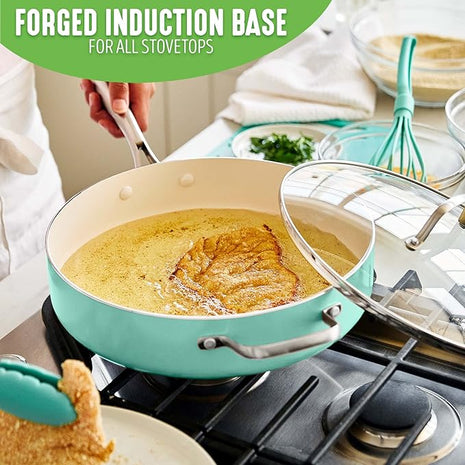 GreenLife Artisan Healthy Ceramic Nonstick, 5QT Saute Pan Jumbo Cooker with Helper Handle and Lid, Stainless Steel Handle, Induction, PFAS-Free, Dishwasher Safe, Oven Safe, Turquoise