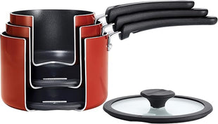 Tramontina Aluminum Non Stick 6-Piece Nesting Sauce Pan Set with Lids - Red, Kitchen Nonstick Cookware Set, Dishwasher and Oven Safe