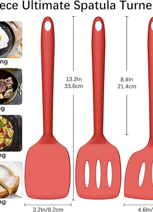 Coukre 3 Pack Silicone Spatula Set, High Heat Resistant, BPA-Free, Fish Spatula, Solid & Slotted Turner for Non-Stick Pans, Flipping Eggs, Pancakes, Fish, Burgers (3, PureRed)