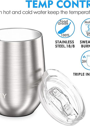 THILY Metal Stemless Insulated Wine Glass T1 Triple-insulated Stainless Steel Wine Tumbler with Lid and Straw, Reusable, Keep Cold & Hot for Wine, Coffee, Drinks, Champagne, Beverage, Silver