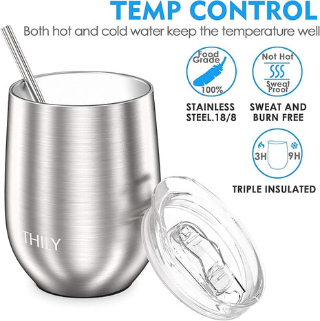 THILY Metal Stemless Insulated Wine Glass T1 Triple-insulated Stainless Steel Wine Tumbler with Lid and Straw, Reusable, Keep Cold & Hot for Wine, Coffee, Drinks, Champagne, Beverage, Silver