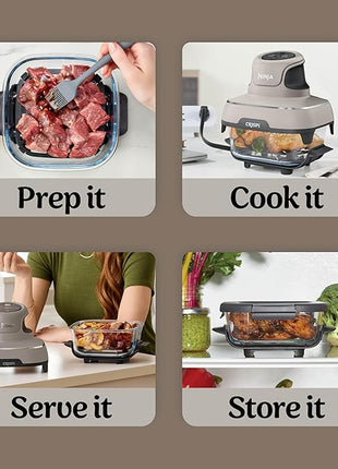 Ninja Crispi Air Fryer, Microwave, Freezer & Dishwasher Safe, Non Toxic Glass Portable Cooking System, 4 QT & 6 Cup Glass Containers with Storage Lids, Easy Meals, Air Fry, Bake, Stone, FN101ST