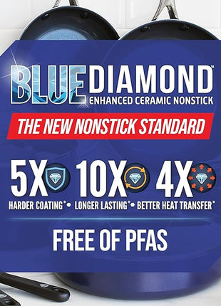 Blue Diamond 10 Piece Nonstick Cookware Set, Diamond Ceramic Pots & Pans, Dishwasher & Metal Utensil Safe, Non Toxic PFAS-Free, Kitchen Cooking Sauce & Saute Pans, Oven & Broiler to 600F, Blue