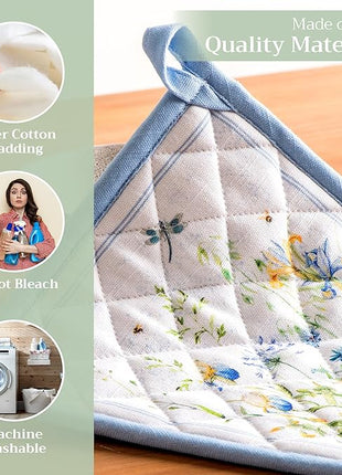 Maison d' Hermine Pot Holders 100% Cotton Heat Resistant Potholders 8" x 8" Hot Pads with Loop BBQ, Cooking, Baking, Grilling, Kitchen, Handling Hot Pans Spring/Summer (Pack of 1, Fleurs De Mai)