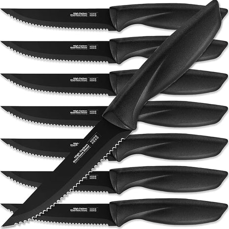 Home Hero High-Carbon Stainless Steel Steak Knife Set - Sharp Serrated Knives & Nonstick Coating - Ergonomic TPR-Coated Handles - Rust-Resistant Blades & Hand Wash - 8-Piece Set, Black