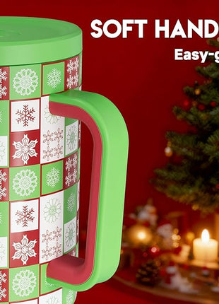 Meoky 40 oz Christmas Tumbler with Handle and Straw, Xmas Tumbler with Lid and Straw, Insulated Stainless Steel Travel Mug, Christmas Gifts for Women Men Adults (Holly Check)