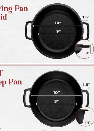 Cast Iron Double Dutch Oven - Pre-Seasoned 5-Quart Set – 2-in-1 Multi-Cooker: 5-Qt Deep Pot + 10" Skillet - Frying Pan Converts to Lid of Combo Dutch Oven – Grill, Stove Top, BBQ and Induction Use