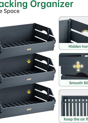 HABAU Wood Potato Onion Storage Bins - Wooden Stackable Produce Basket - Fruit Vegetable Storage for Kitchen Pantry Organization, Set 3 Pieces