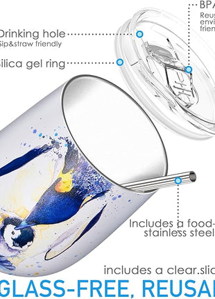 THILY Wine Tumbler Stainless Steel Insulated Stemless Wine Glass with Lid and Straw, Cute Cup Keep Cold for Coffee, Cocktails, Special Collection, Penguin