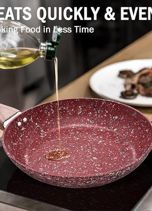 KOCH SYSTEME CS 12" Red Granite Non-Stick Frying Pan with Lid, Classic Pans with Non-toxic Nonstick Coating, Aluminum Skillet with Heat-resistant Bakelite Handle, Induction Compatible Frying Pan