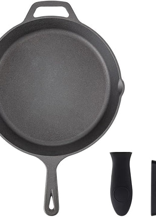 Navaris Cast Iron Skillet - 12 inch Cast Iron Pan - Seasoned Cookware for Frying, Cooking, Oven, Stove Top, Camping - Includes Silicone Handle Covers