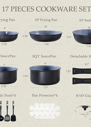 CAROTE 17PCS Ceramic Cookware Sets, Black and Gray, Pots and Pans Set Non Stick Non Toxic, Induction Cookware, Kitchen Cookware Sets, Pots Set for Healthy Cooking