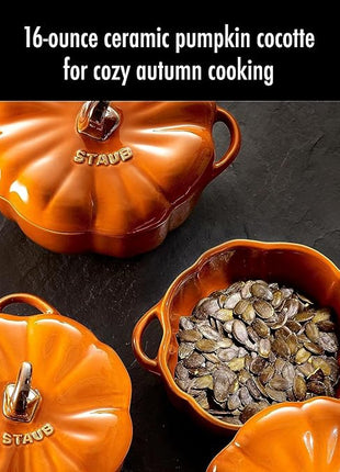 STAUB Ceramic 0.75-qt Petite Pumpkin, Oven & Stove Safe up to 572°F, Pumpkin Dish, Baking Candy Burnt Orange