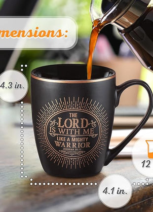 Christian Art Gifts Black Stoneware Coffee Mug with Gold Rim for Women and Men – 12 oz. Lead and Cadmium-free Coffee and Tea Mug with Inspirational Bible Verse: The Lord Is With Me - Jeremiah 20:11