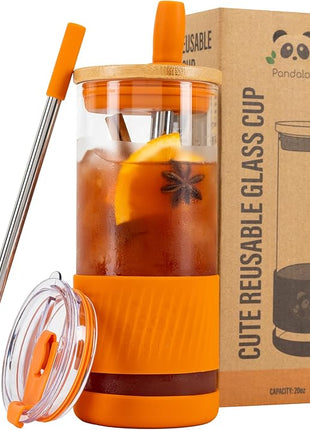 Pandaloo® Glass Cups With Lids and Straws -20 Fl Oz- Perfect Size Iced Coffee Cup - Smoothie Cup With Bamboo Lid and On the go Lid - Glass Tumbler With Straw (1 Count (Pack of 1), Autumn Gold)