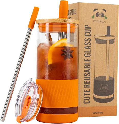 Pandaloo® Glass Cups With Lids and Straws -20 Fl Oz- Perfect Size Iced Coffee Cup - Smoothie Cup With Bamboo Lid and On the go Lid - Glass Tumbler With Straw (1 Count (Pack of 1), Autumn Gold)