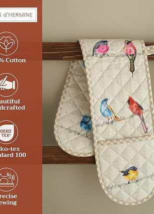 Maison d' Hermine Double Oven Mitts 100% Cotton 7"x35" Double Oven Mitt Heat Resistant BBQ Cooking Gloves with Loop, Baking, Grilling, Home, Kitchen, Handling Hot Pans Spring Summer (Birdies On Wire)