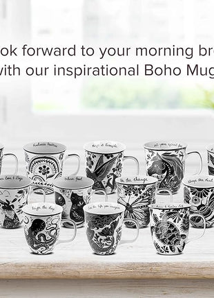 Karma Gifts 16 oz Black and White Boho Mug Cat - Cute Coffee and Tea Mug - Ceramic Coffee Mugs for Women and Men