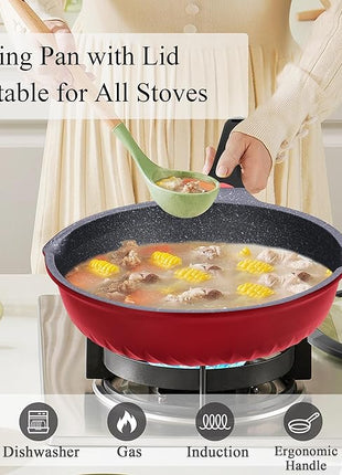 Vinchef Nonstick Skillet with Lid, 11In/5Qt Aluminum Deep Frying Pan with Lid and Heat Indicator, Anti Scratch and Anti Stain Deep Saute Pan, Induction Compatible