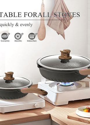 Vinchef Pots and Pans Set, 12pcs Nonstick Induction Kitchen Cookware Sets with Stay-Cool Handles, Frying Pans and Saute Pan with Lid, Silicone Cooking Utensil Sets and Pot Protectors, PFAS, PFOA Free