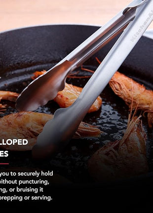 KitchenAid Set of 2 Stainless Steel Tongs with Scalloped Edges Easy Lock Dishwasher Safe Durable and Versatile Silver 7 Inch