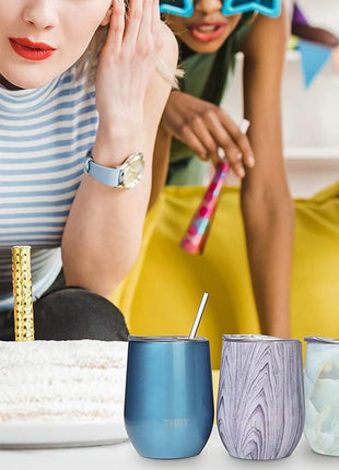 THILY Stemless Wine Tumbler Vacuum Insulated 12 oz Triple-Insulated Stainless Steel Wine Glass with Lid, Straw, Keep Cold for Coffee, Cocktails, Opal Marble