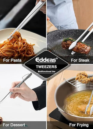 Tongs For Cooking - Heat Resistant 600 Degrees, All Metal Kitchen Tweezers Tongs, Heavy Duty Stainless Steel Cooking for Food, Grill, BBQ, Dishwasher safe Set of 4 (12" & 9in)