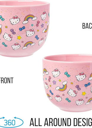 Silver Buffalo Sanrio Hello Kitty Bows Stars Rainbow Pattern Ceramic Ramen Noodle Rice Bowl with Chopsticks, Microwave Safe, 20 Ounces