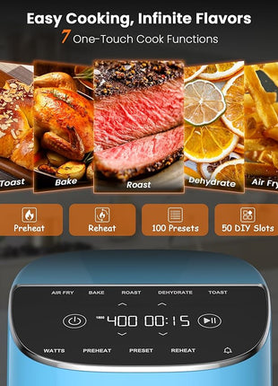 Nuwave Brio Plus Air Fryer 8 Qt, New & Improved, PFAS-FREE, 7 Digital One-Touch Cook Functions that AIR FRY, BAKE, ROAST, DEHYDRATE, TOAST, REHEAT, PREHEAT, 150 Presets, 50°F~400°F (Cozy Blue)