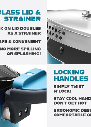 Gotham Steel 5 Quart Stock Pot Ceramic Multipurpose Pasta Pot with Strainer Lid & Twist and Lock Handles, Tempered Glass Lid, Dishwasher Safe, Aqua Blue