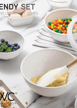 COOK WITH COLOR Mixing Bowls with TPR Lids - 12 Piece Plastic Nesting Bowls Set includes 6 Prep Bowls and 6 Lids, Microwave Safe Mixing Bowl Set (Speckled White)