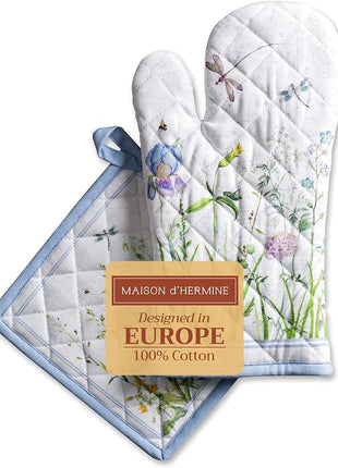 Maison d' Hermine 100% Cotton Oven Mitt & Pot Holder Set (7.5"x13" & 8"x8") Heat Resistant BBQ Cooking Gloves with Loop, Baking, Grilling, Kitchen, Handling Hot Pans Spring/Summer (Fleurs De Mai)