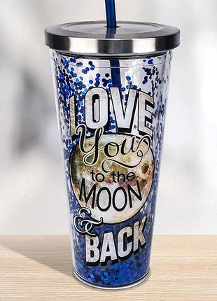 Spoontiques - Glitter Filled Acrylic Tumbler - Glitter Cup with Straw - 20 oz - Stainless Steel Locking Lid with Straw - Double Wall Insulated - BPA Free - Moon & Back