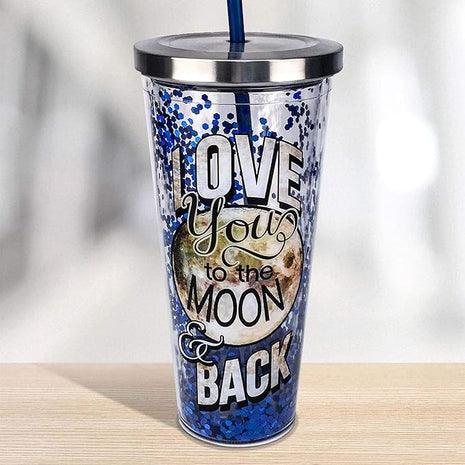 Spoontiques - Glitter Filled Acrylic Tumbler - Glitter Cup with Straw - 20 oz - Stainless Steel Locking Lid with Straw - Double Wall Insulated - BPA Free - Moon & Back