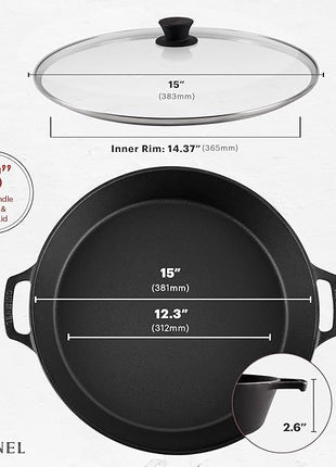 Cuisinel Cast Iron Skillet + Glass Lid + Red Chainmail Scrubber - 15"-Inch Dual Handle Braiser Frying Pan + Silicone Handle Covers - Pre-Seasoned Oven, Grill, Stovetop, Fire Cookware - Indoor/Outdoor
