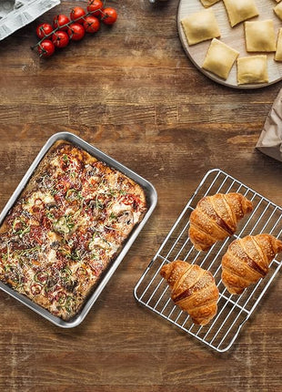 Baking Sheet with Wire Rack, Cookie Sheet Baking Pan Toaster Oven Tray with Cooling Rack, Stainless Steel Eighth Sheet Pan with Rack 9' x 7' x 1', Healthy & Non Stick & Dishwasher Safe