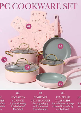 Paris Hilton Epic Nonstick Pots and Pans Set, Multi-layer Nonstick Coating, Tempered Glass Lids, Soft Touch, Stay Cool Handles, Made without PFOA, Dishwasher Safe Cookware Set, 12-Piece, Pink