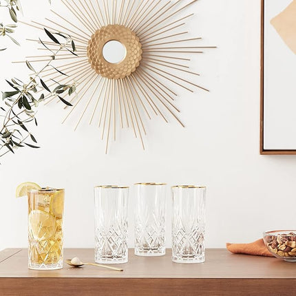 Lorren Home Trends Siena Collection Crystal Water Beverage or Ice Tea Glass with Gold Band Design, Set of 4,12 ounces