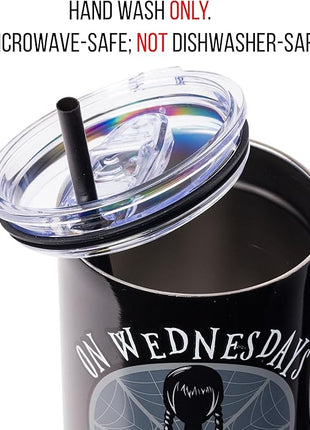 Silver Buffalo The Addams Family Wednesday On Wednesdays We Wear Black Stainless Steel Tumbler with Handle and Straw, Fits in Standard Cup Holder, 40 Ounces