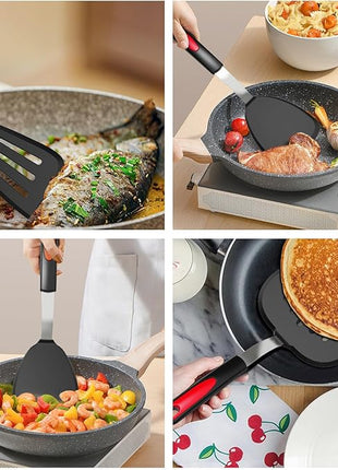 Silicone Spatula Turner Set of 4, GEEKHOM 600°F Heat Resistant Cooking Spatulas for Nonstick Cookware, Large Flexible Kitchen Utensils BPA Free Rubber Spatulas for Pancake, Eggs, Fish, Black