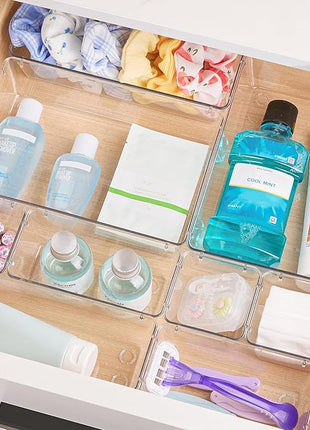 Vtopmart 25 PCS Clear Plastic Drawer Organizers Set, 4-Size Versatile Bathroom and Vanity Drawer Organizer Trays, Storage Bins for Makeup, Bedroom, Kitchen Gadgets Utensils and Office