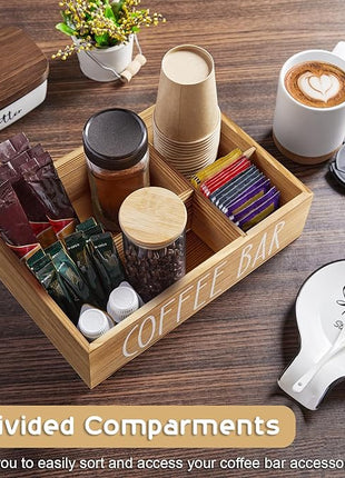 ALELION ALEION Brown Coffee Station Organizer - Wood Coffee Bar Accessories Organizer with Removable Dividers for Pods Condiment Syrup Tea Cups Stirrers - for Farmhouse Coutertop Decor