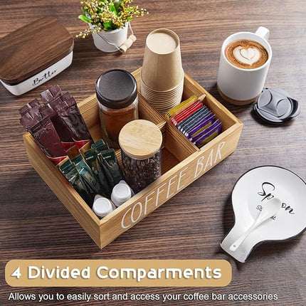 ALELION ALEION Brown Coffee Station Organizer - Wood Coffee Bar Accessories Organizer with Removable Dividers for Pods Condiment Syrup Tea Cups Stirrers - for Farmhouse Coutertop Decor